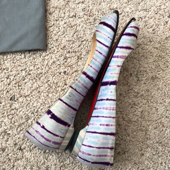 Louboutin Flats Peep Toe Accent Purple Light Blue Jaquard Red Bottom Shoes 38 8 - Picture 4 of 6